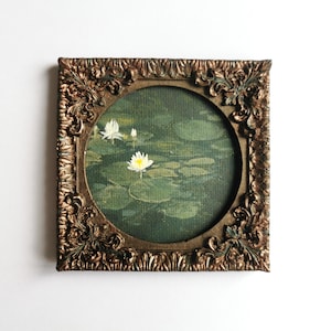 Water lily pond painting with white lotus flowers, hand painted acrylic artwork in vintage bronze frame.