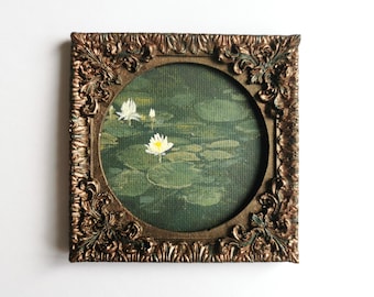 Water lily pond painting handmade wall art with lotus flowers in vintage bronze frame