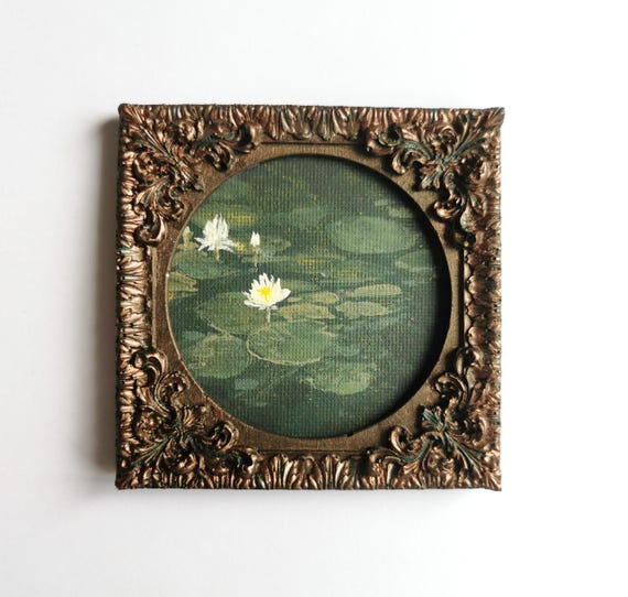 Water lily pond painting handmade wall art with lotus flowers in vintage bronze frame