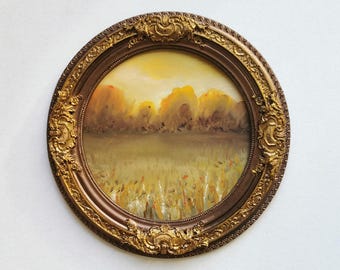 Miniatur Landschaft Ölgemälde, Vintage Style Bronze Rahmen