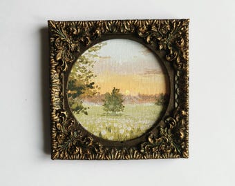 Mini  landscape painting in vintage bronze frame wall art small round original artwork