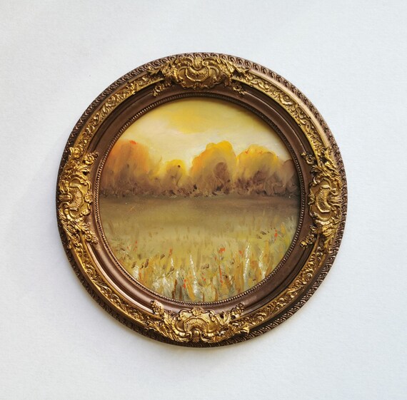 Small oval oil landscape painting in antique style frame handmade bronze decor wall art