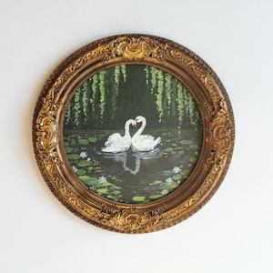 Swan couple painting round wall art romantic bird artwork handmade framed love decor