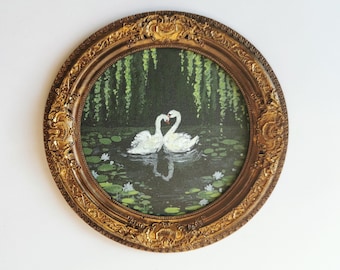 Schwan Paar Malerei rund Wandbild romantischen Vogel Kunstwerk handgemachte eingerahmt Liebe Dekor