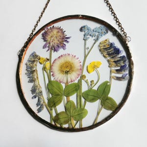 Pressed Flower Art Handmade Botanical Wall Hanging Dried Flowers in Stained Glass Frame Unique Home Decor