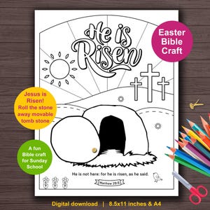 Easter Bible Craft for Kids. Easy Easter Activity Craft for Sunday School. Christian Easter. He is Risen. Empty Tomb coloring for Children