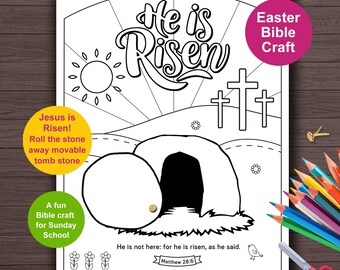 Easter Bible Craft for Kids. Easy Easter Activity Craft for Sunday School. Christian Easter. He is Risen. Empty Tomb coloring for Children
