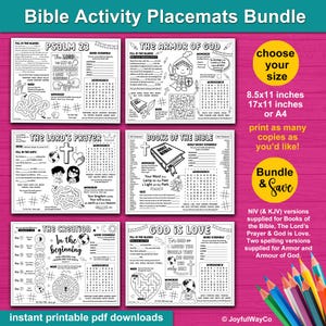 Bible Activity Sheets Bundle. 6 Bible Activity Placemats for kids. Sunday School and Kids Church Activities. Big Bundle. Bundle and Save. NIV and KJV versions
