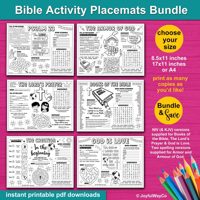 Bible Activity Sheets Bundle. 6 Bible Activity Placemats for kids. Sunday School and Kids Church Activities. Big Bundle. Bundle and Save. NIV and KJV versions
