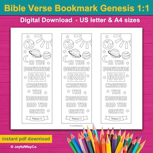 Bible Verse Coloring Bookmark Craft. In the Beginning God Created the Heavens and the Earth. Sunday School Activity for Kids, Genesis 1:1.