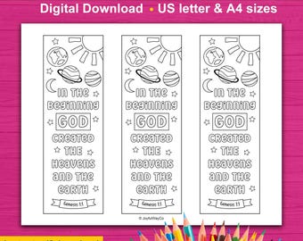 May include: Three printable bookmarks with a black and white illustration of the sun, moon, and earth. The text "In the beginning God created the heavens and the earth" is written on each bookmark. The verse "Genesis 1:1" is also included on each bookmark.