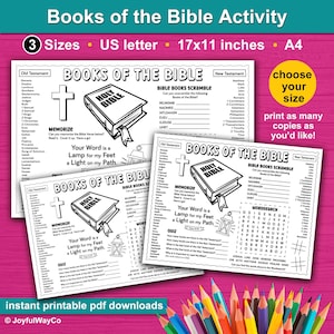 Books of the Bible Activity Page and coloring page for kids. NIV and KJV Versions. Bonus coloring page. Psalm 119:105