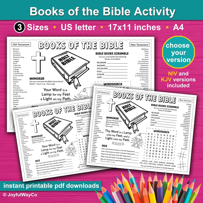 Books of the Bible Activity Page and coloring page for kids. NIV and KJV Versions. Bonus coloring page. Psalm 119:105