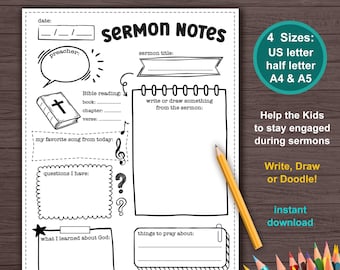 Sermon notes for kids. Sunday School activity. Printable Worksheet for note taking in church. Bible class Notes for children teens youth