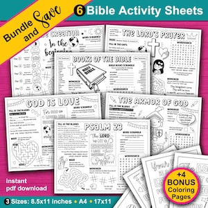 May include: A bundle of six Bible activity sheets with word scrambles, fill-in-the-blanks, and mazes. Includes bonus coloring pages. Available in 8.5x11 inch, A4, and 17x11 inch sizes. Features religious themes.