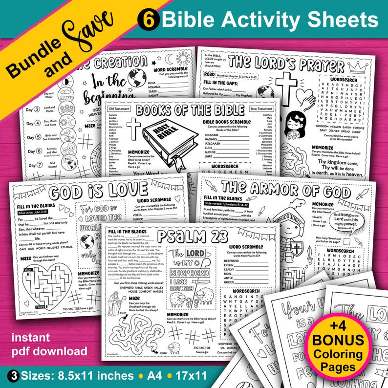 Bible Activity Sheets Bundle. 6 Bible Activity Placemats for kids. Sunday School and Kids Church Activities. Big Bundle. Bundle and Save.