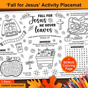 May include: Black and white activity placemat with the text "Fall for Jesus." Features a pumpkin maze, word search, and coloring page. Includes a sweater, coffee cup, and pumpkin cart illustrations. Perfect for fall activities.