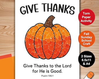 Fall Pumpkin Torn Paper craft. Thanksgiving Bible Craft for Sunday School. Christian activity for kids church, school homeschool