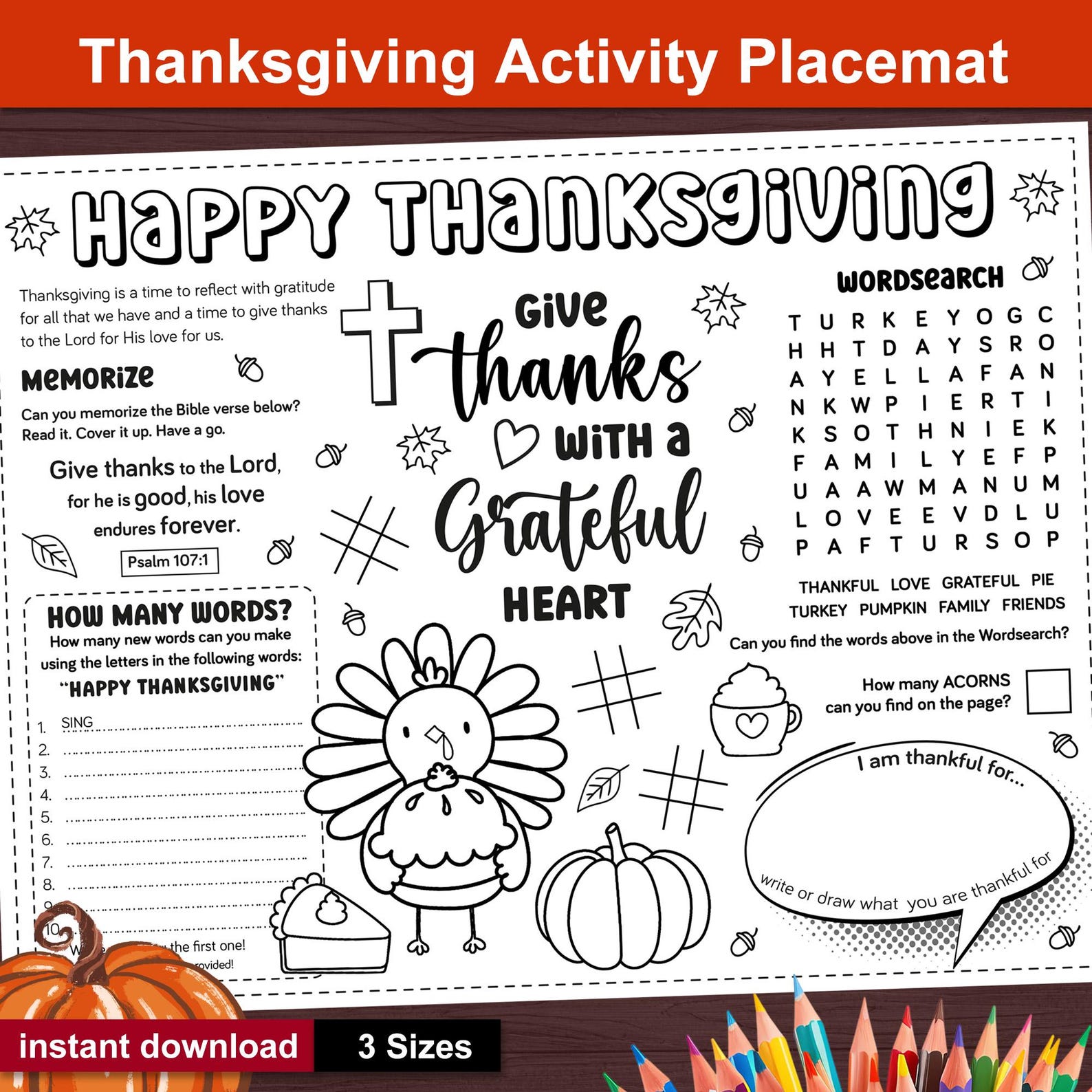 Thanksgiving Bible Activity Placemat for Kids. Christian Sunday School ...