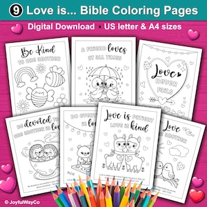 Bibel-Vers-Färbung für Kinder. Liebesbezogene christliche Färbung für Sonntagsschule, Kirche, Hausschule. Die Liebe ist geduldig Liebe ist gütig