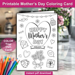 Tarjeta del Día de la Madre para colorear para niños. Tarjeta casera de Feliz Día de la Madre. Manualidad para colorear de tarjetas del Día de la Madre para que los niños hagan.
