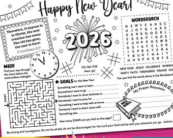 2026 Neujahr Bibel Aktivität Tischset für Kinder. Happy New Year 2026 Printable für die Sonntagsschule Kinderkirche