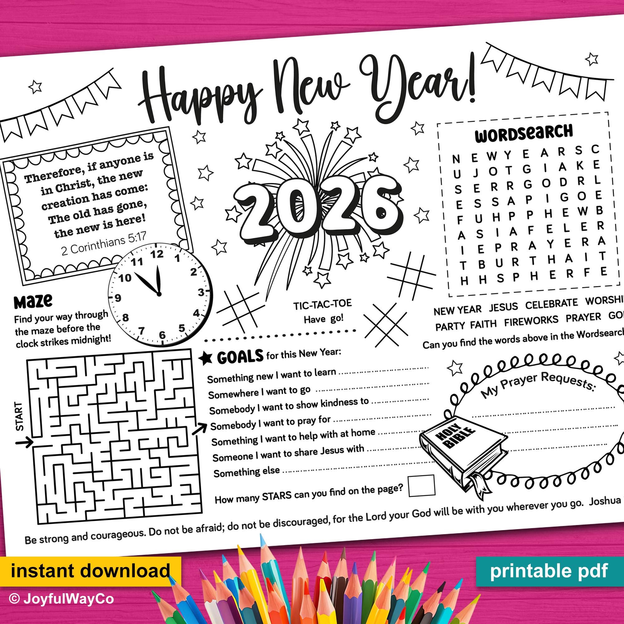 2026 new year bible activity placemat for kids. happy new year