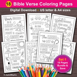 18 Bible Verse Coloring Pages for Kids bundle. Christian coloring sheets for children. Sunday school, church, homeschool activity for kids.