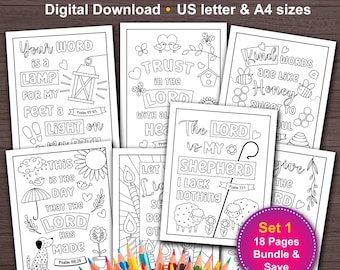 18 Bible Verse Coloring Pages for Kids bundle. Christian coloring sheets for children. Sunday school, church, homeschool activity for kids.