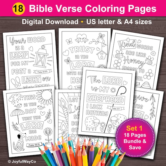 18 Bible Verse Coloring Pages for Kids bundle. Christian coloring sheets for children. Sunday school, church, homeschool activity for kids.