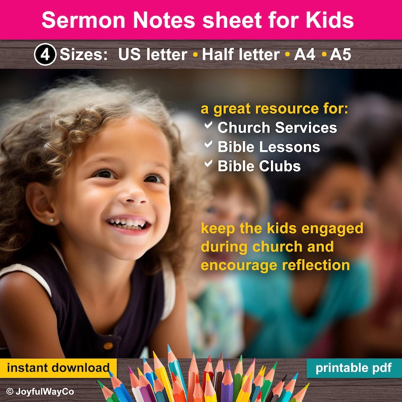 Sermon notes for kids. Sunday School activity. Printable Worksheet for taking notes in church Bible class for kids children teens youth. Church resources. Homeschool resources.