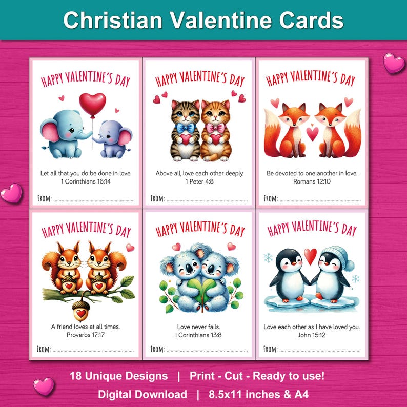 Valentine Cards for Kids With Bible Verses. Cute Animal Valentine Cards ...
