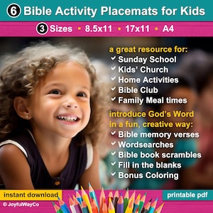 Bible Activity Sheets Bundle. 6 Bible Activity Placemats for kids. Sunday School and Kids Church Activities. Big Bundle. Bundle and Save.
