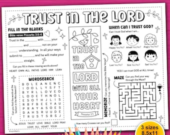 Trust in the Lord Bible Activity printable for Kids. Christian Activity Placemat. Bible Games Craft for Sunday School church. Proverbs 3:5-6