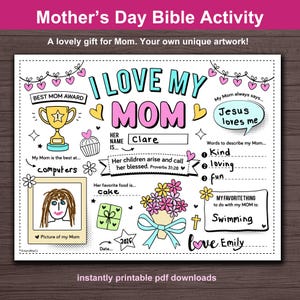 Mother's Day Bible Activity for kids Mother's Day Christian placemat for Sunday School children All about Mom printable keepsake Proverbs 31