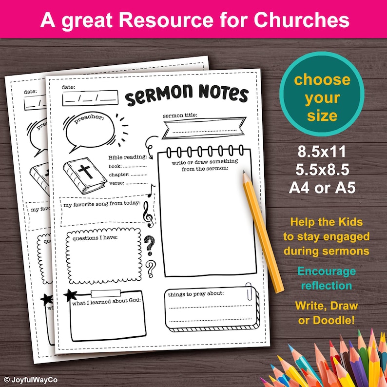 Sermon notes for kids. Sunday School activity. Printable Worksheet for taking notes in church Bible class for kids children teens youth. Church resources. Homeschool resources.