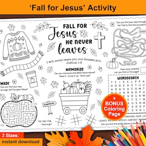 Fall for Jesus He Never Leaves. Fall Bible Activity Page for Kids. Christian Activity Placemat and coloring for Sunday School, Kids Church