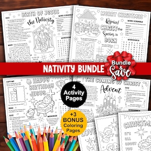 Ensemble de sets de table imprimables pour enfants, activités de Noël sur le thème de la Nativité, coloriages chrétiens de l'Avent, fiches pour l'école du dimanche, l'église et l'école à la maison