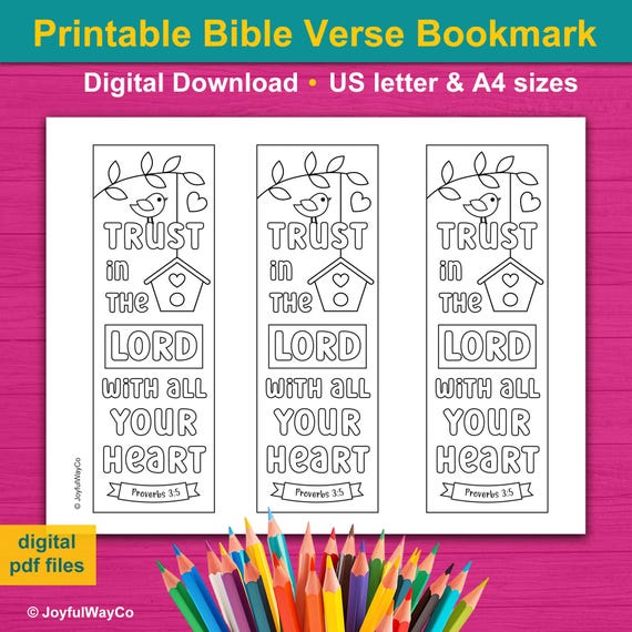 Printable Bible Verse Coloring Bookmark Craft | Trust in the Lord with all your heart | Proverbs 3:5 | Kids church activity