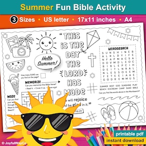 Summer Bible Activity & Coloring Page for kids. Summer Christian placemat for children. Sunday school craft, homeschool, kids church, VBS
