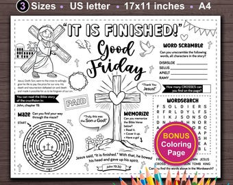 Good Friday Bible Activity Printable for Kids. Sunday School Easter Bible placemat. Good Friday Easter Christian coloring
