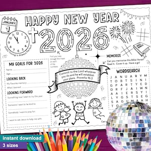 May include: Black and white printable Happy New Year 2026 coloring page with a maze, word search, and goal-setting sections. Includes a disco ball, fireworks, and a Bible. Features the text "Commit to the Lord whatever you do and he will establish your plans. Proverbs 16:3."