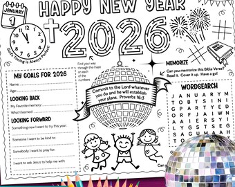 New Year Activity Placemat for Kids. 2026 Printable Christian New Year's Eve craft. Sunday School Bible Church coloring games activity
