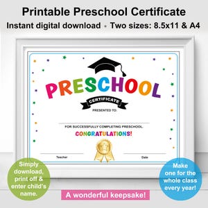 Ausdruckbare Vorschul-Abschluss-Zertifikat. Ende des Pre-K Diploma zum Ausdrucken. Digitaler Sofort-Download. Nicht bearbeitbar.