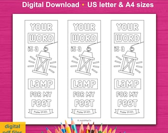 Printable Bible Verse Coloring Bookmark Craft | Your Word is a Lamp for My Feet Bookmark | Sunday School Activity for Kids | Psalm 119:105