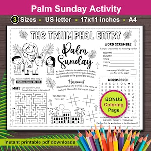 Mantel individual infantil con actividades del Domingo de Ramos. La Entrada Triunfal. Actividad bíblica cristiana de Pascua imprimible para niños de la escuela dominical.