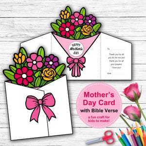 May include: A white Mother's Day card with a pink bow and a bouquet of flowers. The card reads "Happy Mother's Day" and includes a message. A pink circle with text says "Mother's Day Card with Bible Verse".