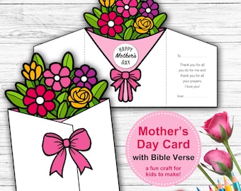 Mother's Day Bible verse Card for Kids to make. Printable Sunday School Mothers Day Craft Bouquet of flowers coloring activity for children