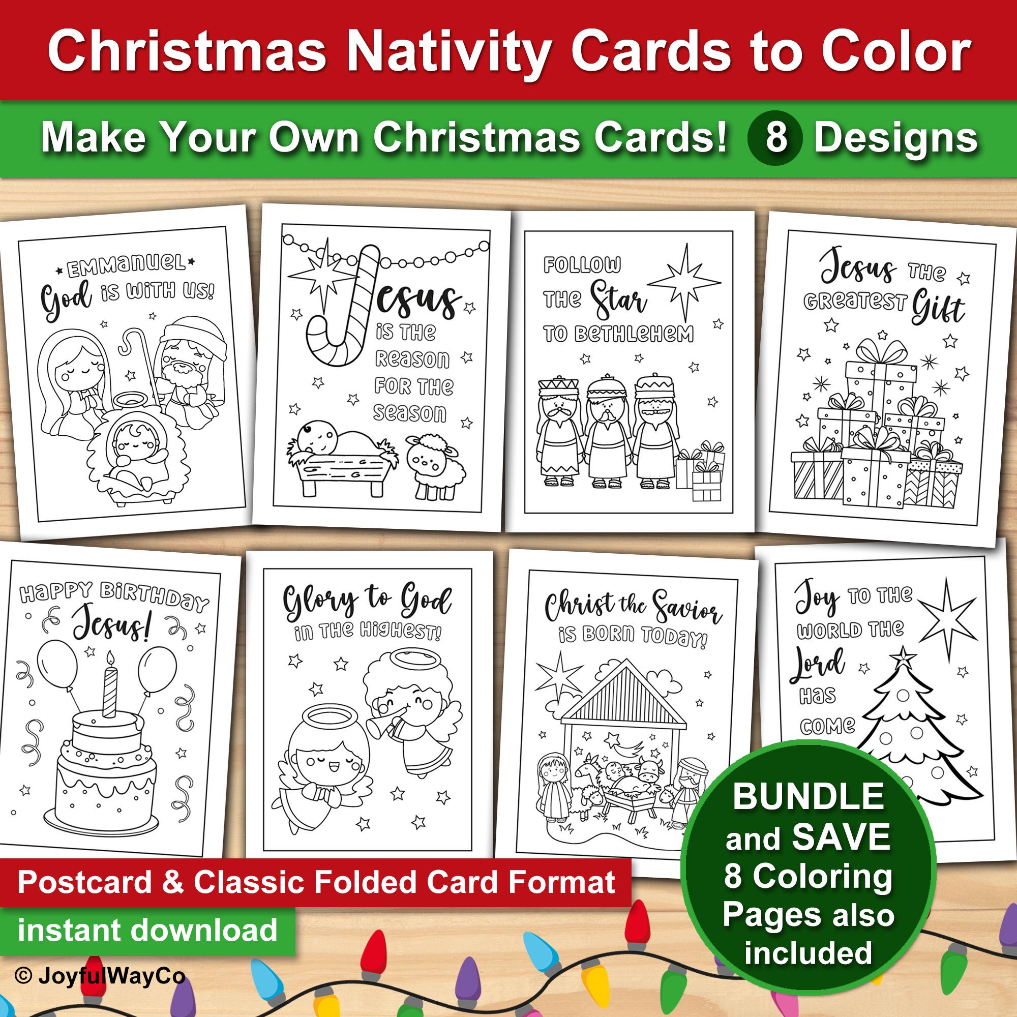 Nativity Christmas Cards to Color, Christmas Cards to make. Classic folded cards or postcard style. Bible themed religious cards.
