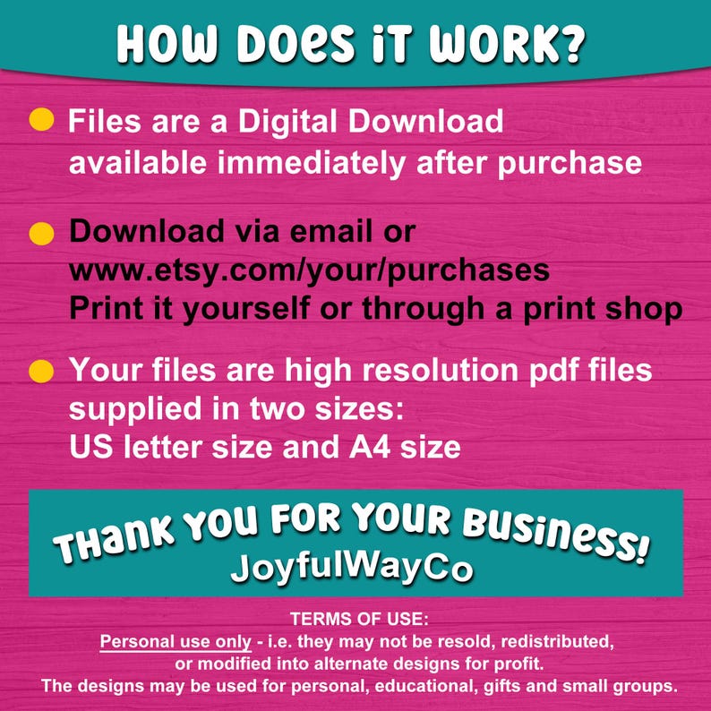 May include: A pink and teal graphic with the text "HOW DOES IT WORK?" and a list of instructions for digital downloads. The text also includes "THANK YOU FOR YOUR BUSINESS! JoyfulWayCo" and "TERMS OF USE: Personal use only - i.e. they may not be resold, redistributed, or modified into alternate designs for profit. The designs may be used for personal, educational, gifts and small groups."